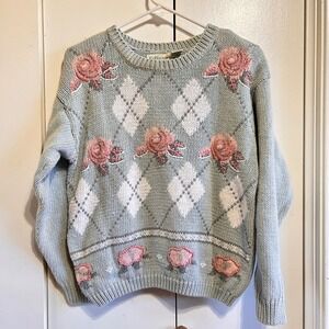 Vintage Grannycore Womens Sweater M Argyle Rose Floral Knit Pullover